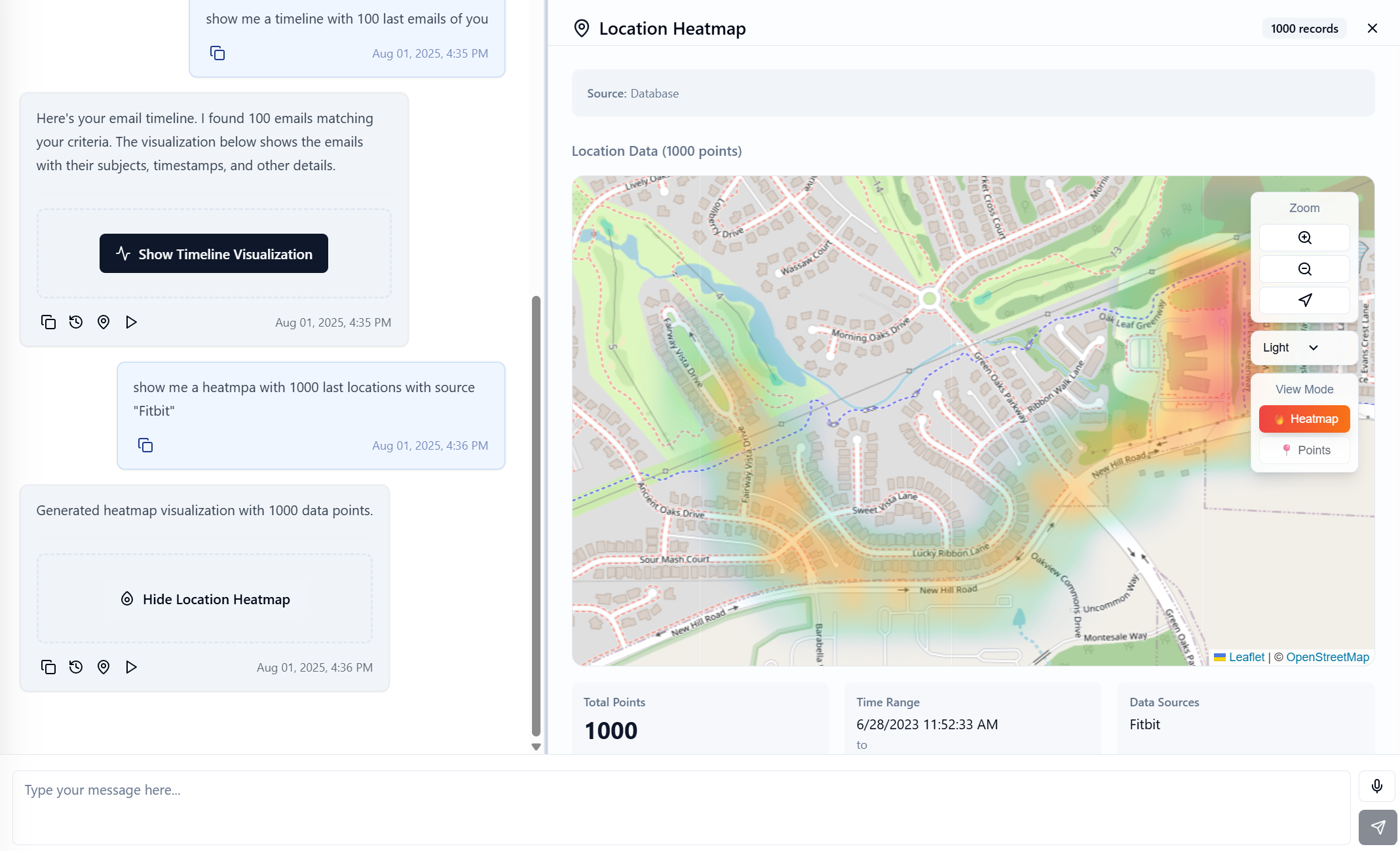 Forensic Studio — AI investigation workspace: chat co-pilot alongside a street-level location heatmap of 1,000 movement points over an OpenStreetMap base