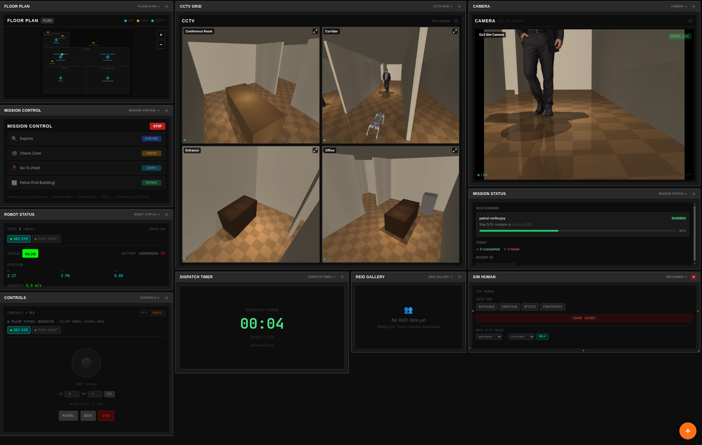 Robot Security System operator console — live camera feeds, robot dispatch, and map view in one supervised web interface